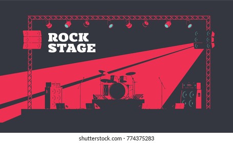 Musical Instruments on Stage. Rock Band Full Setup. Guitar and Bass Amplifier Stacks Flat Vector Illustration. High Contrast Lighting.