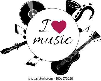 Musical instruments on a white background with a red heart.
Musical poster for your design. Music background vector illustration. EPS10