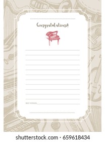 Musical Instruments - one color vector hand drawn template card. Realistic violin, drum, flute, guitar, harp, trombone, accordion, piano, harmonica, lute. Display your store, band.
