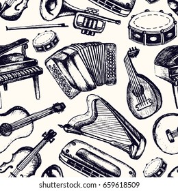 Musical Instruments - one color vector hand drawn seamless pattern. Realistic violin, drum, flute, guitar, harp, trombone, accordion, piano, harmonica, lute. Display your store, band.