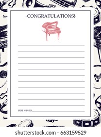 Musical Instruments - one color vector hand drawn template card. Realistic violin, drum, flute, guitar, harp, trombone, accordion, piano, harmonica, lute. Display your store, band.