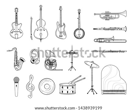 Musical instruments outline illustrations set. Acoustic and electric guitar, grand piano, banjo line art. Trumpet, saxophone, flute sketches. Retro music record and microphone isolated cliparts pack