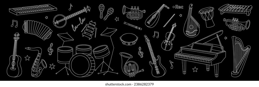 Musical instruments outline kit. Musical school set. Tuba, trumpet, drum flute, french horn, lute, violin, electric bass guitar, acoustic guitar.