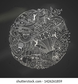 Musical instruments outline vector illustration. Jazz festival poster template. Electric guitar, drums, cello chalk line art on blackboard drawing. Retro music record, microphone, violin sketch