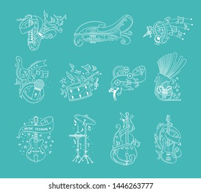 Musical instruments outline vector illustrations set. Percussion, woodwind and string instruments white line art on blue background. Trumpet, saxophone, guitar, drum cymbals isolated cliparts