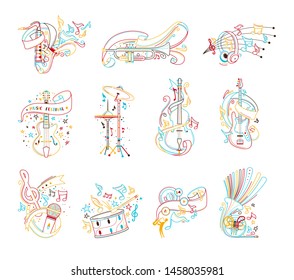 Instrumentos musicales esbozan ilustraciones vectoriales establecidas. Cello, címbalos de tambor, percusión, viento de madera e instrumentos de cuerda coloridos en el fondo blanco.  Auriculares modernos, clipart aislado.