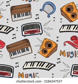 Musical instruments pattern colorful classical repeating decor. Vector Illustration.