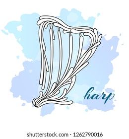 Musical instruments pattern with curls. Icon harp