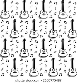 Musical instruments pattern graphic design repeating guitars and notes digital art flat view creative concept, seamless pattern