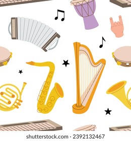 Musical instruments pattern. Tuba, trumpet, drum flute, french horn, lute, violin, bass guitar, acoustic guitar. Colored musical instruments