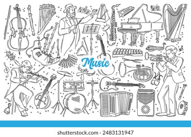 Instrumentos musicales para la ejecución de música orquestal con composiciones clásicas. Conductor y músicos cerca de guitarras y violines o tambores para la interpretación de música en conciertos. Garabato dibujado a mano