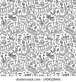 Musical instruments. Piano, violin, guitar and notes. Vector seamless pattern in white and black colors. Doodle style. 