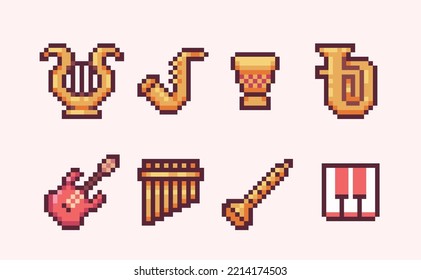 Musical instruments pixel art set. Guitar, trumpet, drum collection.  Keyboard and percussion 8 bit sprite. Game development, mobile app.  Isolated vector illustration.