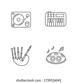 Musical instruments pixel perfect linear icons set. Turntablism for DJ party. Synthesizer keyboard. Customizable thin line contour symbols. Isolated vector outline illustrations. Editable stroke
