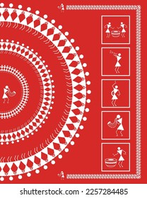 Musical instruments with player showing in Warli art. Modern painting, illustration, art, vector, drawing and wall painting.