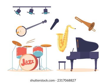 Musical Instruments For Playing Jazz Music Banjo, Piano, Saxophone, Trumpet, Drum Kit And Microphone With Spotlights