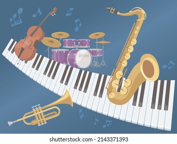 Musical instruments playing music on midnight blue background. instruments : piano, tenor saxophone, trumpet, contrabass,  drums. Vector illustration in flat cartoon style.