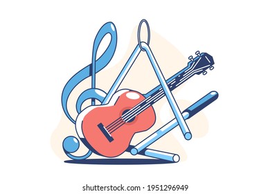 Musical instruments for playing vector illustration. Guitar and triangle flat style. Tools to perform melody. Spare time. Music and hobby concept. Isolated on white background