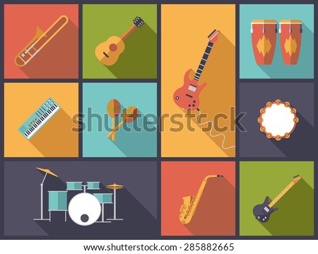 Musical Instruments for Pop, Jazz and Rock icons vector illustration. Flat design illustration with a variety of icons of musical instruments for popular music
