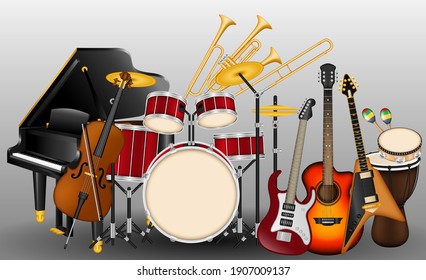 Musical instruments realistic set stock. Ratchet, tambourine, drums, acoustic and electronic guitars, violin, trumpet, flute, maracas grand pianos drums