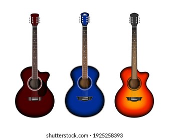 Musical instruments realistic vector set. Bright realistic guitars. Retro acoustic guitar.