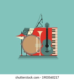 Musical instruments retro color vector icon. Live music jazz festival cartoon minimal style design element. Vintage musical instrument emblem template. Concert advertisement background illustration