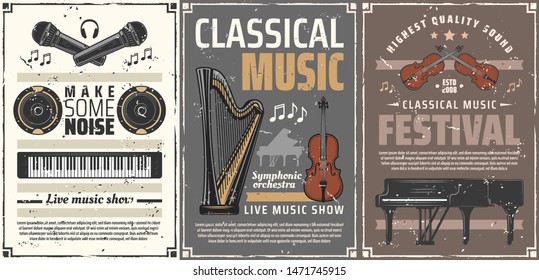 Instrumentos musicales retro afiches de festival de música clásica, concierto en vivo o diseño vectorial de show. Piano, violín y arpa, notas musicales, micrófonos y audífonos, altavoces y viola