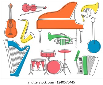 Musical instruments retro style colorful vector set isolated on a white background.