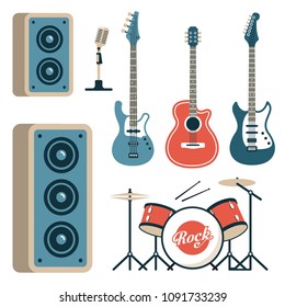 Musical instruments for rock band - acoustic, electric and bass guitars, drum set, microphone and speakers. Flat style.