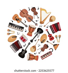 Musical Instruments Round Composition Design for Entertainment Performance Vector Template