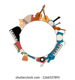 Musical instruments round frame. Music shop or school concept border. Vector isolated illustration. Cello, guitar, saxophone and violin for country festival or jazz fest.