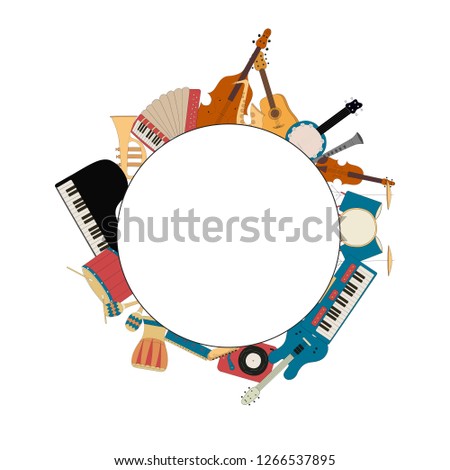 Musical instruments round frame. Music shop or school concept border. Vector isolated illustration. Cello, guitar, saxophone and violin for country festival or jazz fest.