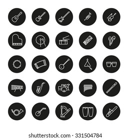 Musical Instruments Round Line Icon Set. Collection of 25 music related symbols in black circles