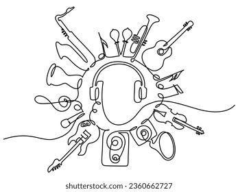 Musical Instruments round shape with headphones in centre. Silhouettes isolated on white background. Continuous one line drawing. Vector illustration outline art