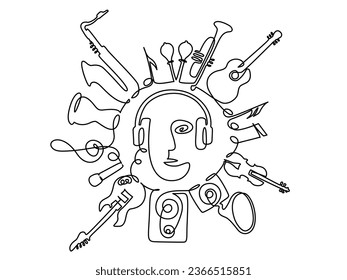 Musical Instruments round shape with man in headphones in center. Silhouettes isolated on white background. Continuous one line drawing. Vector illustration outline art