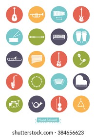 Musical Instruments Round Vector Icon Set. Collection Of 20 Music related Symbols, negative in colored circles