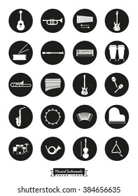 Musical Instruments Round Vector Icon Set. Collection Of 20 Musical Instruments Symbols, negative in black circles