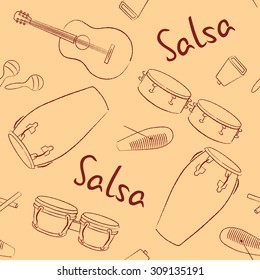 Musical instruments salsa hand drawn vector pattern 