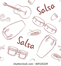 Musical instruments salsa hand drawn vector pattern 