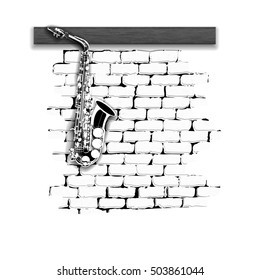 Musical Instruments saxophone pattern on a brick wall monochrome. Isolated on white background can be used with any text or image.