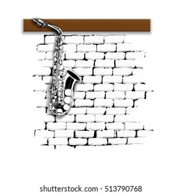Musical Instruments saxophone pattern on a brick wall. Isolated on white background can be used with any text or image.