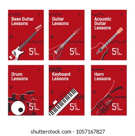 Musical instruments school posters concepts set. Guitar, bass, acoustic guitar, drums, horns and keyboards illustration. Music equipment flat illustration.