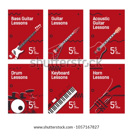 Musical instruments school posters concepts set. Guitar, bass, acoustic guitar, drums, horns and keyboards illustration. Music equipment flat illustration.