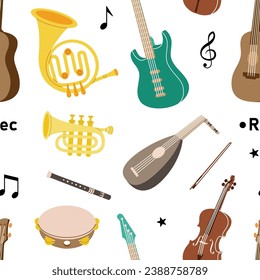 Musical instruments seamless background. Tuba, trumpet, drum flute, french horn, violin, electric bass guitar. Colored musical instruments pattern