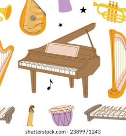 Musical instruments seamless banner. Tuba, trumpet, drum flute, french horn, lute, violin, electric bass guitar. Colored musical instruments pattern