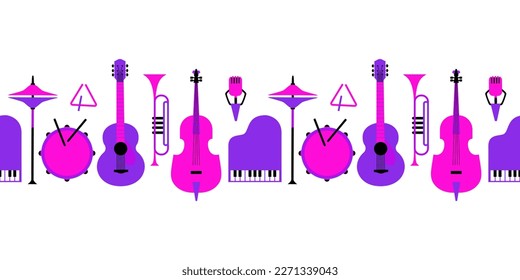 Musical instruments seamless border vector pattern. Drum, piano, trumpet, guitar cartoon design element. Music event symbol set isolated illustration. Musical banner background, flyer frame template