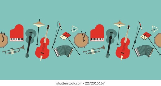 Musical instruments seamless border vector pattern. Drum, piano, accordion, guitar cartoon design element. Music event symbol set isolated illustration. Musical banner background, flyer frame template