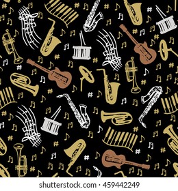 Musical instruments seamless pattern. 