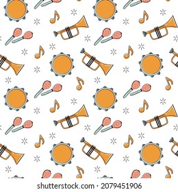 Musical instruments seamless pattern. Accordion, trumpet, saxophone, french horn, cello, maracas, musical notes in trendy flat line art style. Beautiful design for web background, fabric, paper. 