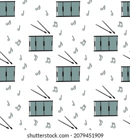 Los instrumentos musicales son un patrón sin fisuras. Acordeón, trompeta, saxofón, cuerno francés, cello, maracas, notas musicales de estilo moderno de línea plana. Hermoso diseño para el fondo web, tela, papel. 